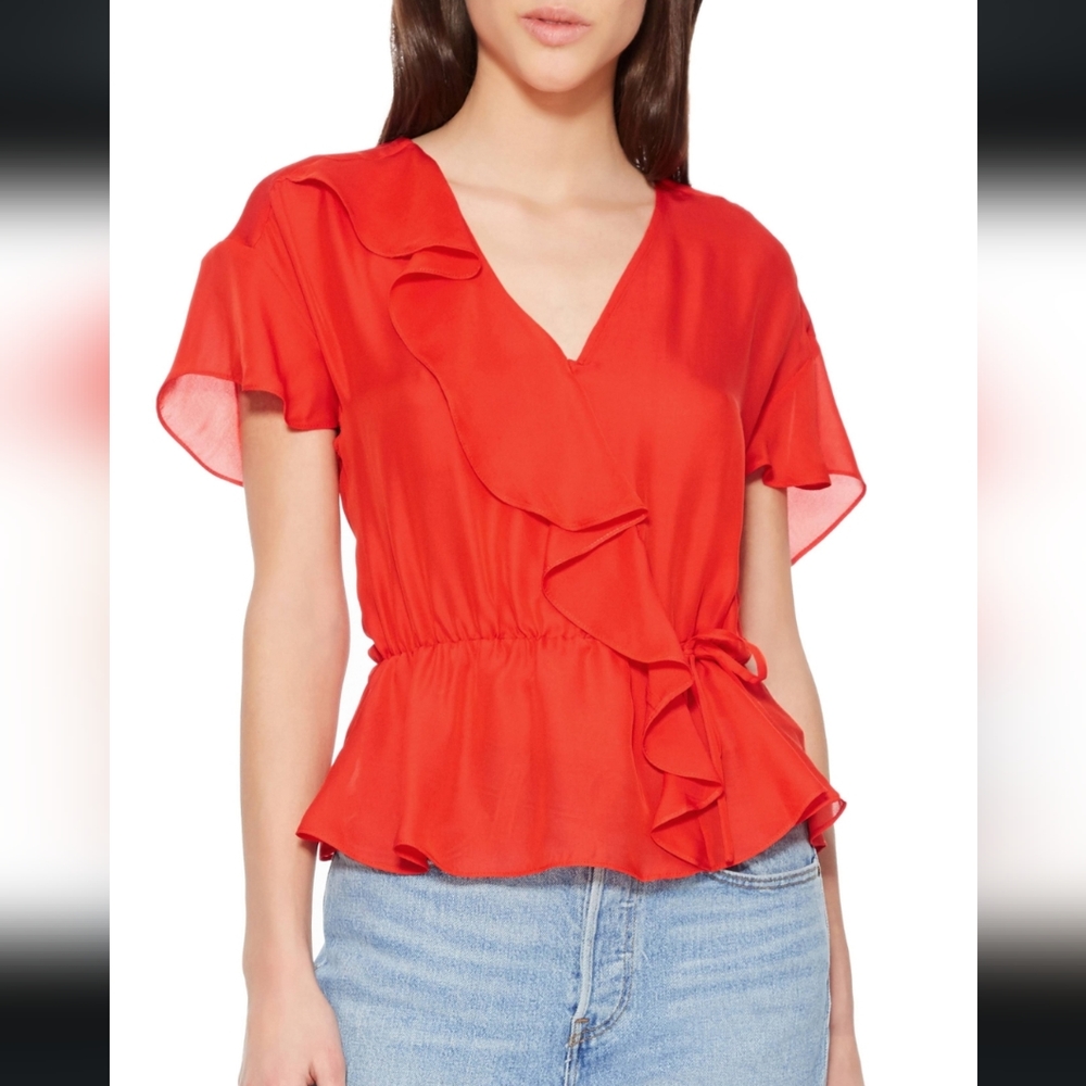 Parker Red Ruffle V-Neck Short Sleeve Wrap Top